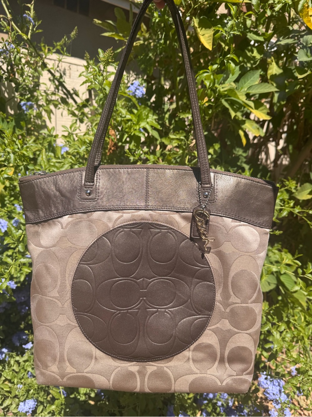 Coach Brown and Tan Signature Circle Tote